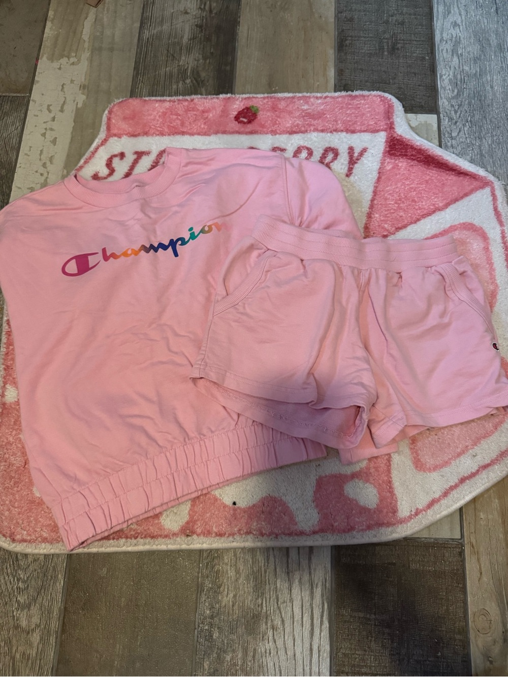 Champion Light Pink Rainbow Logo Cropped Sweatshirt & Shorts Set